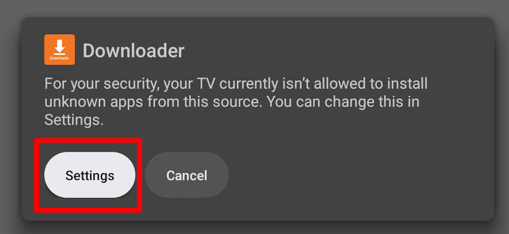 Security warning on Chromecast with Google TV on installing apps from unknown sources.