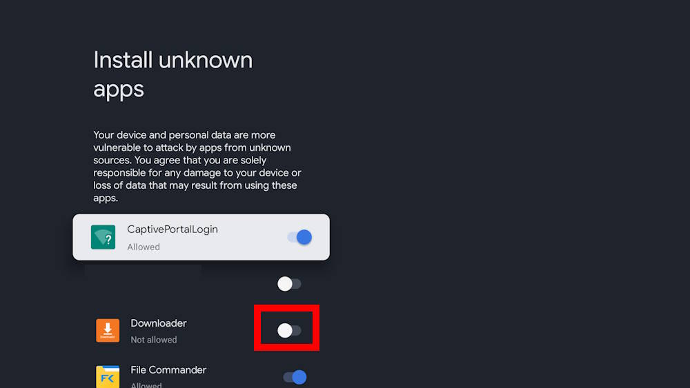 grant permission for Downloader to install APK files on Chromecast with Google TV
